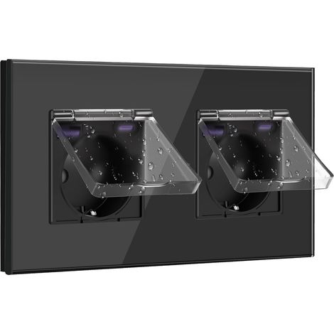 Prise Schuko 20 W - Chargeur rapide avec couvercle étanche - Double prise encastrée avec USB C - Couvercle de prise 16 A - Idéal pour les pièces humides - Utilisation en extérieur et en NOIR (1/5)