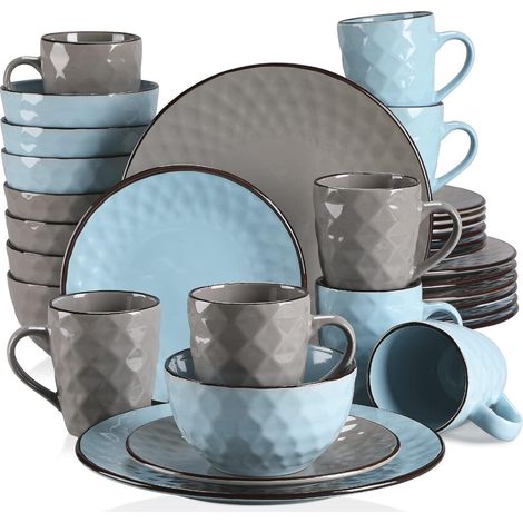Tafelservice Steingut 32teilig Kombiservice 32 pi&xE8ces Blau Grau (1/5)