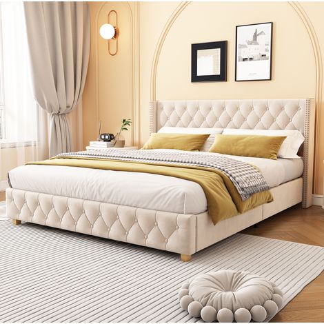 CHICFURN Cama doble 160x200 cm de terciopelo beige claro con somier de láminas, sin colchón (1/5)