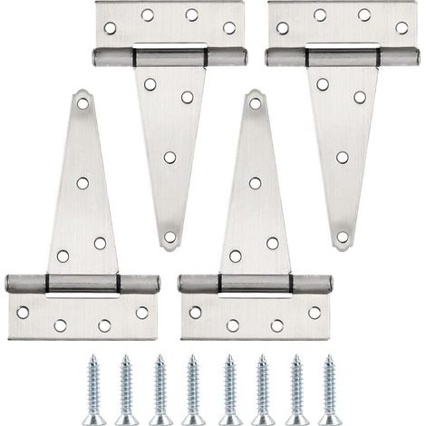 Lot de 4 charnières de portail en acier inoxydable de 15,2 cm pour clôtures en bois, charnières en T très résistantes, charnière de porte d'abri de jardin, charnière à sangle en T (1/5)