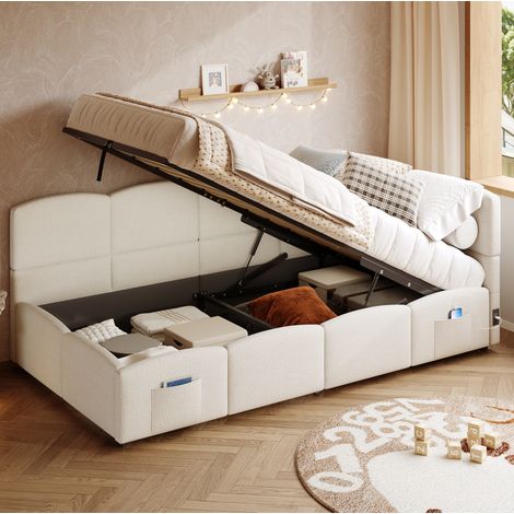 MODFU – Lit banquette enfant 90x200 cm bouclé – Coffre hydraulique et USB-A/USB-C – Poches latérales – Beige (1/5)