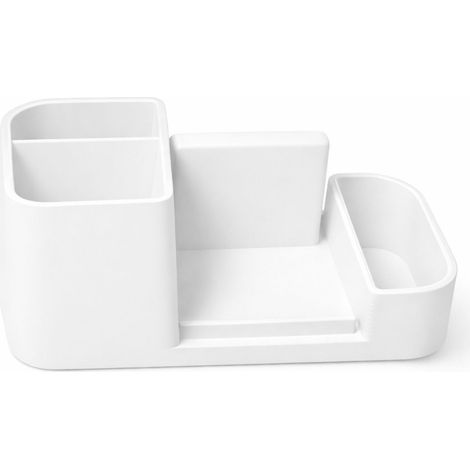 Organizer da scrivania bianco con supporto per telefono e contenitore per piccoli oggetti.