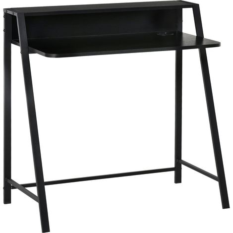 Scrivania per computer in MDF con ripiano e passacavi, struttura in metallo nero 84x45x85 cm (1/5)