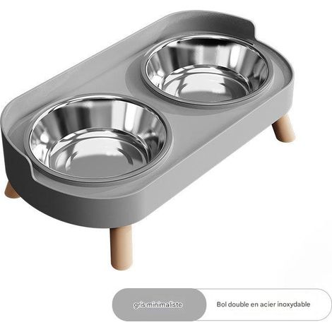 Gamelle surélevée pour chat - Acier inoxydable, double bac (32,5 × 17 × 10 cm) - Protection du cou - Gris