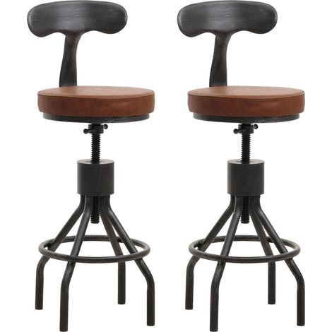Lot de 2 tabourets de bar chaise haute design industriel avec repose-pieds rotatif réglable en hauteur en acier et simili cuir marron TDB04085