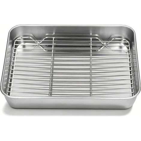 Plat Rectangulaire en Inox avec Grille, Ensemble Plat de Cuisson et Grille de Refroidissement, Rôtissoire pour Four, Lèche-Frite pour Poulet, Boeuf, Légumes(23.5 17.5 5CM) (1/5)