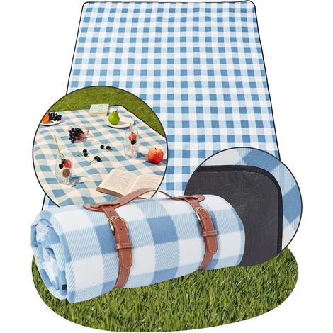 Fleece Picnic Blanket Light Blue, 200x150cm Foldable Picnic Mat, Sandproof Beach Blanket with Carry Handle and Hidden Zip Pocket, Festival Camping Essentials, Hiking Accessories (1/5)