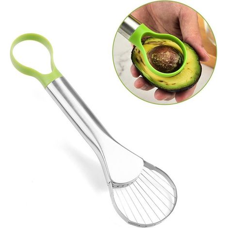 Cortador de aguacates, Acero inoxidable, Herramienta multifuncional para aguacates, vaciar y quitar el hueso, Con mango de plástico verde (1/5)