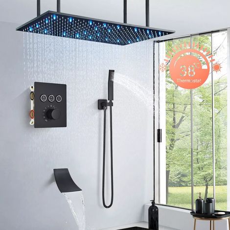 Colonne de Douche Encastrée Thermostatique noir De forme carrée Douche Set kit de Douche Murale Solide Douche à Main et Douche à Tête