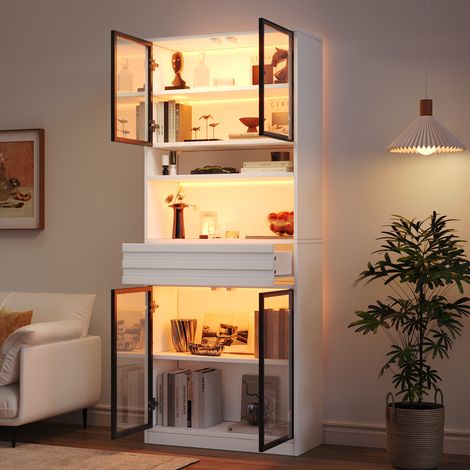 Tkopy - Vitrine en verre, Vitrine équipée d'un éclairage LED, Vitrine sur pied, Buffet haut Vitrine, avec tiroirs et armoires, et des étagères de rangement ouvertes, 80 x 35 x 200 cm, blanc (1/5)