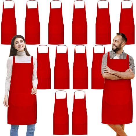 Ensemble de 12 tabliers de cuisine unisexes rouges, avec 2 poches, pour adultes, idéal pour cuisiner, peindre, griller, pâtisser, lavable, 60 x 71 cm (1/5)
