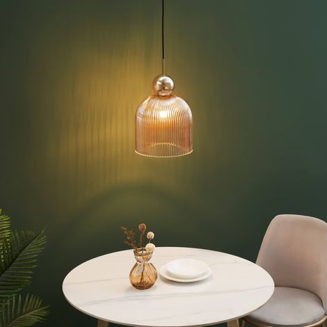 Suspension moderne avec verre nervuré ambré et boule dorée - Ysolde (1/5)