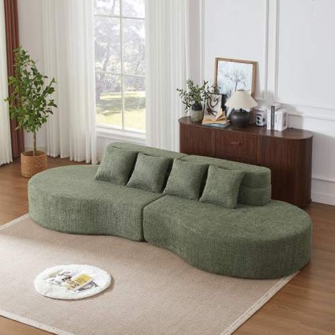 Canapé modulable - 2 places - design arrondi dossier plusieurs niveaux - sans montage - mousse compressée 72h - chenille - vert (1/5)