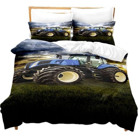Housse de couette tracteur bleu, 220 x 240 cm, microfibre, fermeture éclair, 2 taies d'oreiller