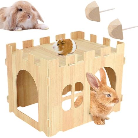 Hidey Rabbit House with Spacious Terrace, Removable Wooden Cabin, 40 x 30 x 28 cm, Rabbits Habitats Interior for Rabbit, Guinea Pig Chinchilla Hedgehog Hamsters Gerbil, 2 Molar Stone. (1/5)