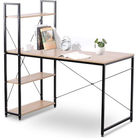 WOLTU Scrivania Con 4 Ripiani Tavolo Porta PC Computer Casa Ufficio 120cm Legno Naturale+Nero
