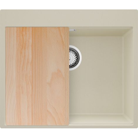 PRIMAGRAN Evier Cuisine en Granit 58x50cm,Lavabo 1 bac + Kit de Vidage + Planche à Découper, Évier à Encastrer au meuble 60cm - Oslo, Beige (1/5)