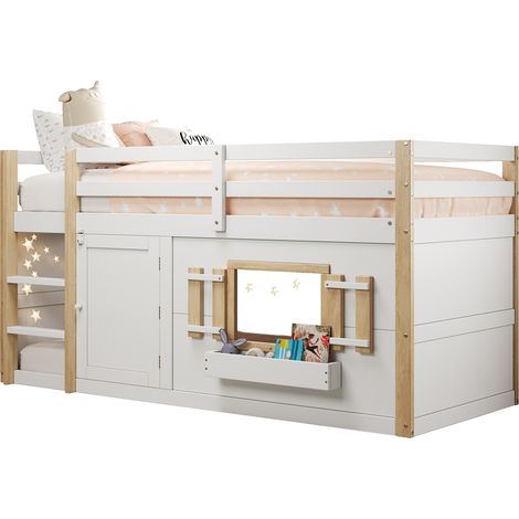 Lit superposé enfant 90x200 avec échelle, couchage haut et espace modulable en bas, structure en bois blanc, sans matelas, pour chambre gain de place  CHICFURN (1/5)