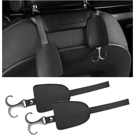 crochets d'appui-tête en alliage de zinc, crochets de siège auto en cuir microfibre, cintres multifonctionnels pour sacs à main, manteaux, sacs de courses, voiture (noir) (1/3)