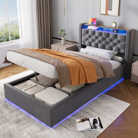 Lit coffre 90x200 cm rembourré en velours, lit enfant simple, avec LED et prises, tête de lit pliable avec rangement, sommier en bois, gris (1/5)