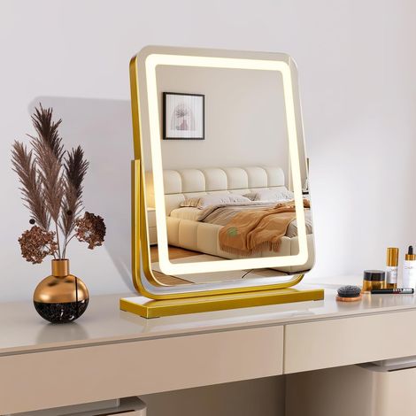 Or,Miroir de Maquillage Lumineux sur Pied 3 Niveaux d'Éclairage + Luminosité Réglable, Mirroir Maquilleur Lumineux Miroir de Table pour Chambre à Coucher Salon Hôtels Chambres