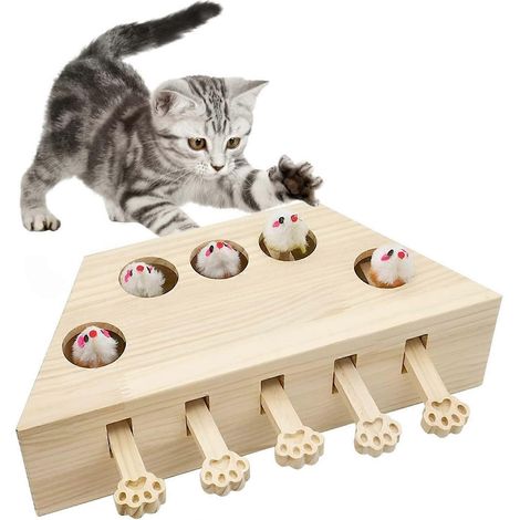 Jouet d'enrichissement pour chats d'intérieur, boîte interactive en bois massif « Tape-taupe » pour chatons, jeu de souris et puzzle pour chats (1/4)