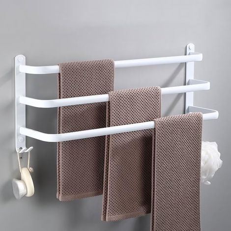 Porte-Serviettes Mural avec 2 Crochets Porte Serviettes Salle de Bain Etagères Serviette en Aluminium Blanc 3 Couche 30cm (1/5)