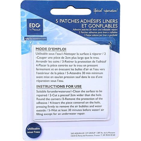 EDG – Kit de réparation piscine gonflables – 5 patchs transparents autocollants 75 x 75 mm – Réparation liners et couvertures (1/5)