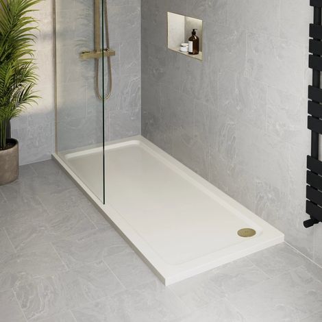 1700 x 700mm Bathroom Non Slip Low Profile Shower Tray for Enclosure Brass Waste (1/4)