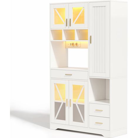 Credenza alta da cucina bianca con LED, prese, vetrina e cassetto 105x40x185 cm HOMVRA (1/5)