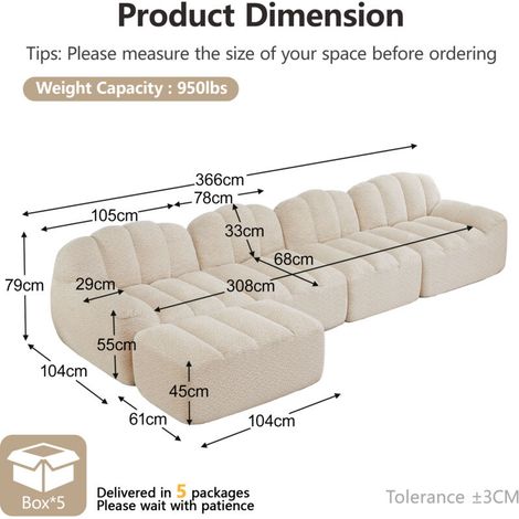 Canapé modulaire 4 places – Angle en L sans cadre, forme coque, 1 pouf, coussins profonds, beige et blanc – Idéal pour grandes familles (1/5)