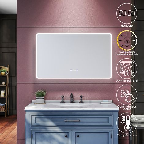 SIRHONA Specchio da Bagno 1000 x 600 mm, Antiappannamento con Illuminazione a LED Interruttore Tattile e Visualizza ora e temperatura Specchi da Parete Cosmetici a LED (1/5)