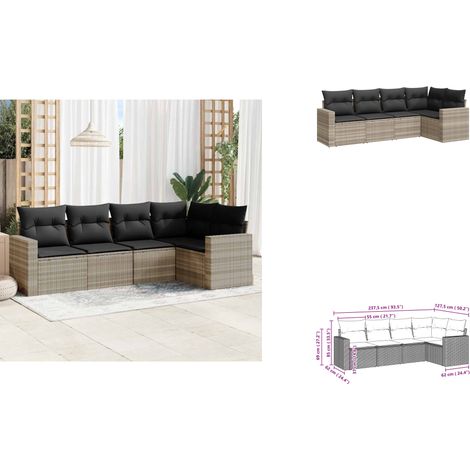 Salon de jardin 5 pcs avec coussins gris clair résine tressée - Salon De Jardin - Meuble De Jardin - Mobilier Extérieur - Salon D'extérieur - Set De Salon