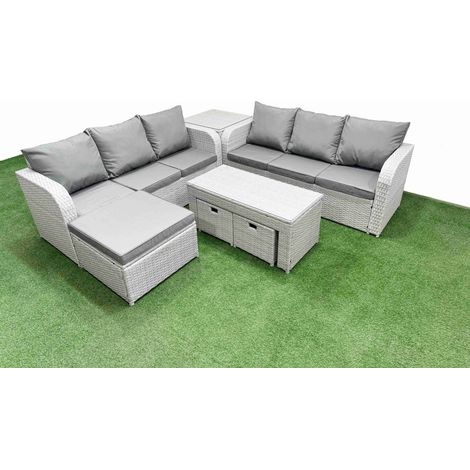 Fimous Outdoor Garden Furniture Sets 9 Seater Wicker Rattan Furniture Sofa Sets with Oblong Coffee Table high Back Lounge Sofa 3 Stools Side Table Light Grey (1/4)