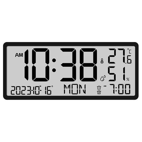 Schwarze digitale Wanduhr mit Anzeige von Uhrzeit, Datum, Innentemperatur und Luftfeuchtigkeit.