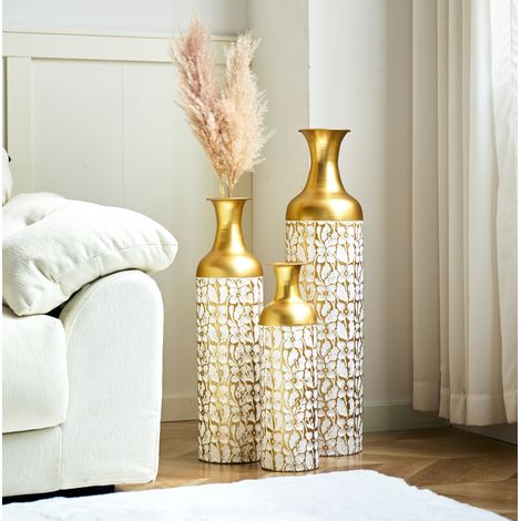 Set di 3 vasi da terra 50/66/85 cm in metallo dorato e bianco - MEUBLIV (1/5)