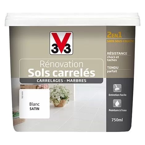 V33 – Peinture pour sol intérieur 2 en 1 – Satin blanc – Application directe sur carrelage et marbre – 0,75 L pour rénovation (1/2)
