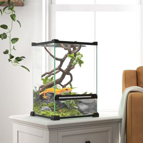 Terrario in vetro da 12 litri per rettili con coperchio in rete metallica, 20 x 20 x 30 cm, nero.
