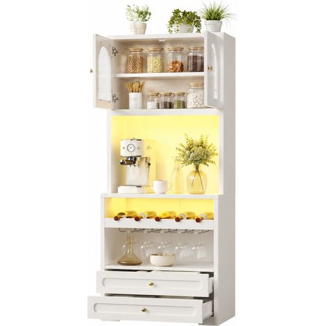 Buffet Haut avec Portes Vitrées Cintrées, Étagères Réglables, LED et USB pour Cuisine, en MDF, 70x40x180 cm, Blanc (1/5)