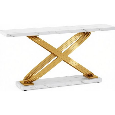 Table console d'entrée effet marbre blanc, structure métal doré avec patins réglables, style luxe pour salon, couloir ou bureau au quotidien - CHICFURN (1/5)