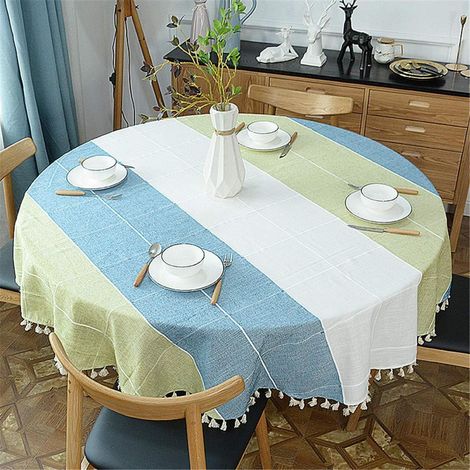 Runde Tischdecke mit Quasten, Baumwolle Leinen, Blau & Grün, 120 cm
