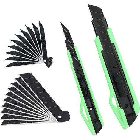 2 Couteaux Utilitaires Rétractables Verts – Cutter 9mm 30° + Cutter 18mm avec 20 Lames, pour Bricolage et Découpe de Précision (1/5)