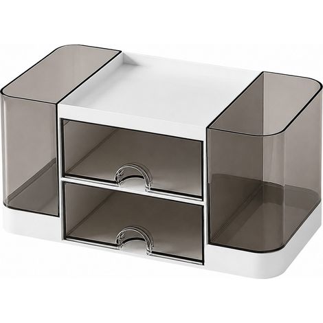 Organiseur de bureau à 2 tiroirs et 2 compartiments, en plastique transparent, petit rangement pour fournitures de bureau (1/5)