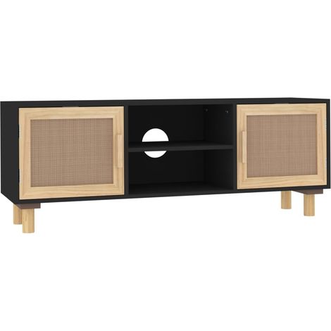 Mobile TV multimediale scaffale per televisione televisione buffet sala da pranzo soggiorno camera da letto 105 x 30 x 40 cm legno di pino massiccio e rattan naturale nero 020025663