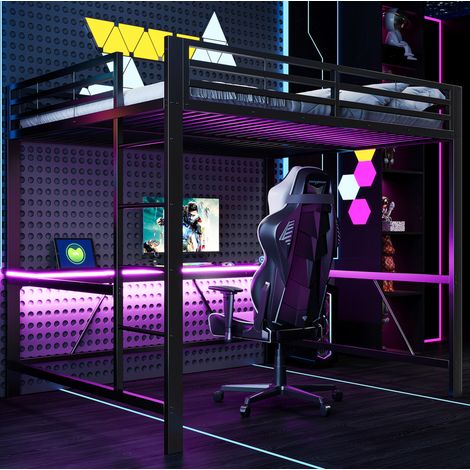 Hochbett 160 x 200 mit Schreibtisch, LED-Beleuchtung und USB-Ladestation, schwarz HAVRYA (1/5)