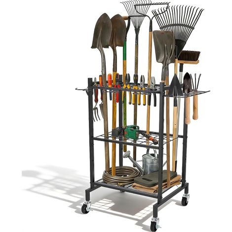 Support pour outils de jardin debout avec roulettes, 2 crochets amovibles et 9 crochets fixes, rangement d'outils de jardin jusqu'à 35 outils pour pelle, houe et fourche, atelier, garage (1/5)