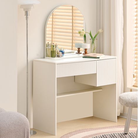 REDOM - Toeletta con specchio arcuato, 2 cassetti, ripiano aperto, design elegante, MDF bianco (1/5)