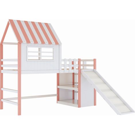 Kinder-Hochbett 90 x 200 cm Rosa mit Rutsche, Sicherheitstreppe und Stauraum (1/5)