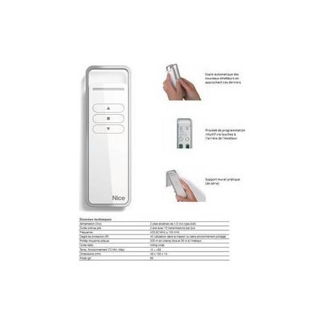 Nice – Télécommande émetteur portable 433.92 MHz – Contrôle jusqu'à 6 groupes d'automatismes – Portée 200 m – Fonction d'auto-apprentissage