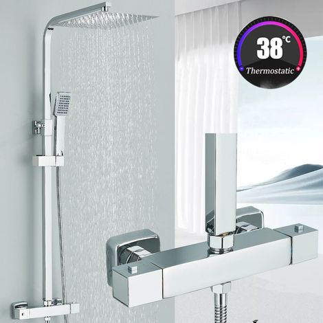 Thermostatique Colonne de Douche Chromé avec Mélangeur Réglable en Hauteur Ensemble de Douche 25x25cm Pluie Pommeau de Douche Carré avec Douchette à Main Acier Inoxydable